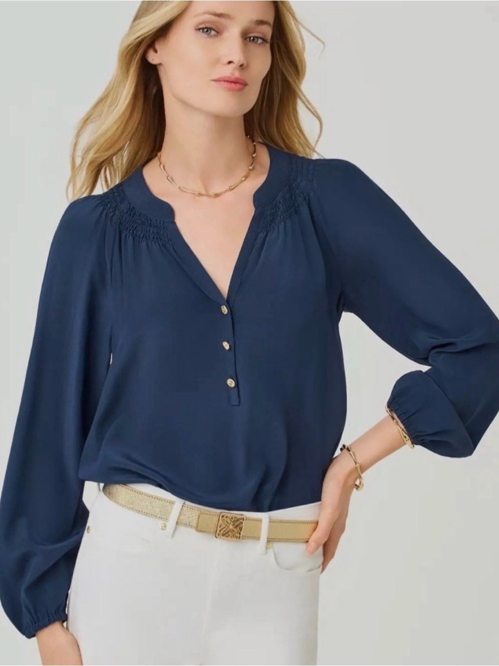 Lilly Pulitzer Womens Small Elsa Silk Top Navy Smocked Neck Puff Sleeve Coastal